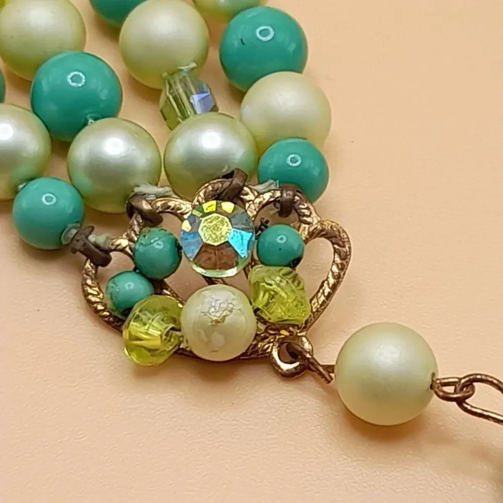 Vintage Green White Bead Necklace, Four Strands, AB Crystal Aspirin Beads, 16 In